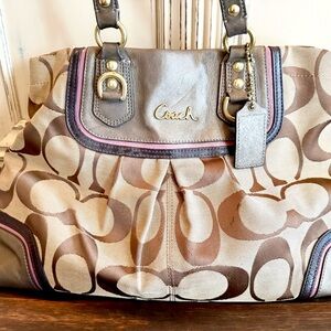Coach Beige and Brown Signature Canvas Shoulder Tote with Leather Trim